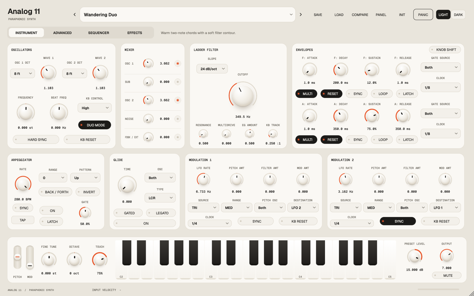 Analog 11 instrument with cream controls, orange accents, oscillators, mixer, ladder filter, envelopes and keyboard